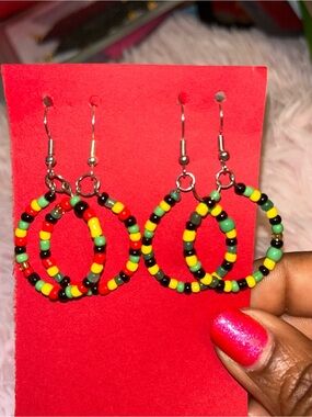 Vibrant Jamaican Beaded Hoop Earrings - Black, Yellow, Green set